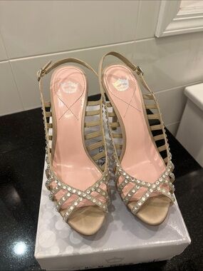 Zara Beige Satin Crystal-Strap Slingback Heels